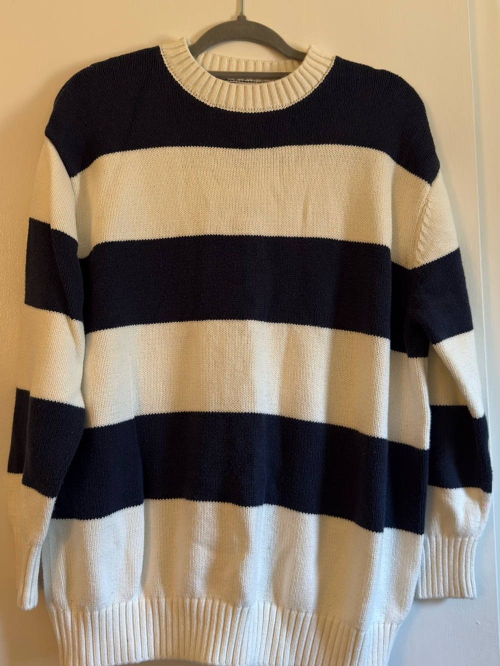 Navy and Cream Women’s Striped Knit Sweater